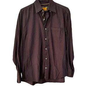ROBERT TALBOT CARMEL Button Down Shirt with Plaid Contrast Button Placard - L